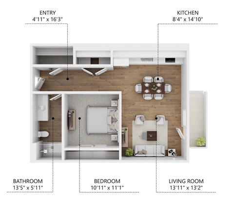 Floor plan for 1 bed, 1 bath, 690 sqft